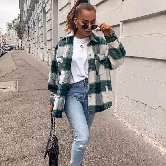 SOLD OUT Green Plaid Oversized Flannel Shacket Shirt Jacket - Picture 2 of 14